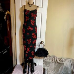 Women’s Rose Print Coquette Girl Mesh Lace Trim Midi Dress L